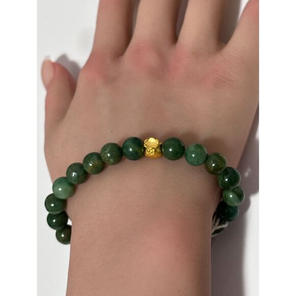 24K Gold Money Bag Stretchable Bracelet Gemstones Natural African Jade 8mm S6.5" - Picture 5 of 5